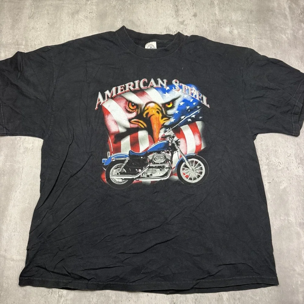 Vintage American Steel T-Shirt Mens XXL Black Eagle Motorcycle Graphic Tee Bike